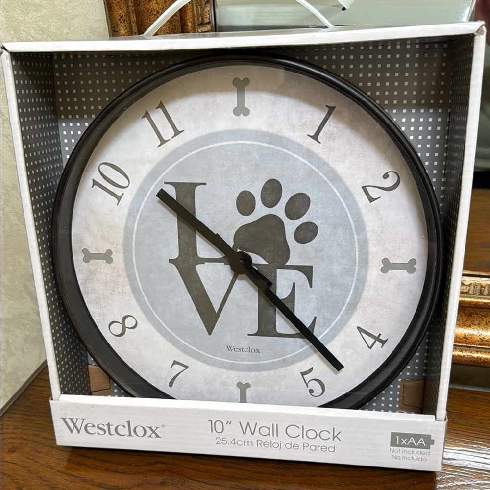 Black and Gray 10” Alalog Wall Clock with Love and pet paw. Blue and black.